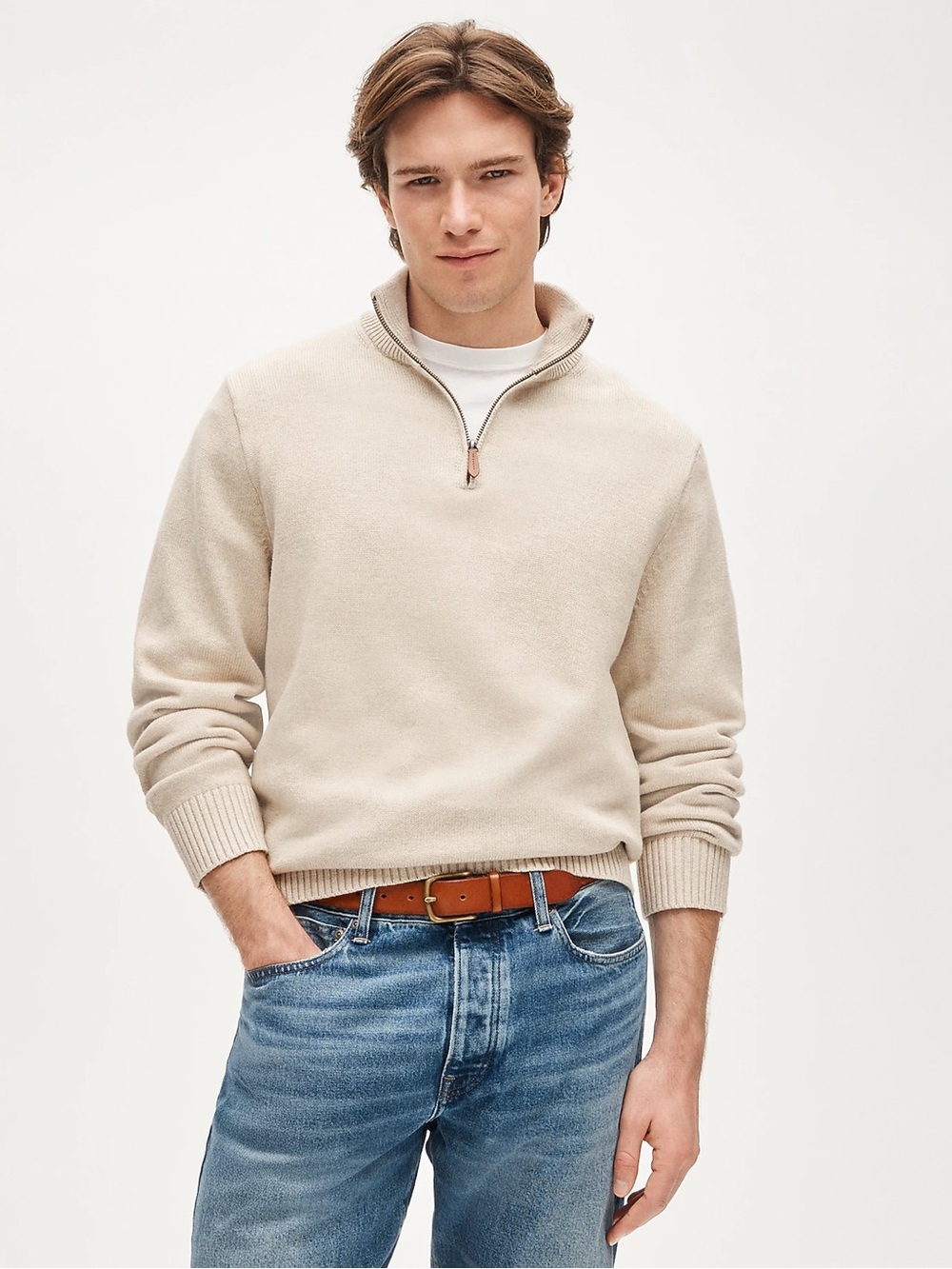 J. Crew Heritage cotton quarter-zip sweater in Heather Sand Size XL NWT